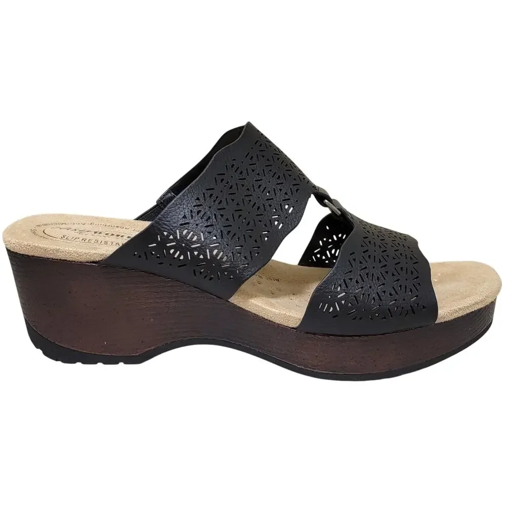 Easy Street Women Rin Double Strap Wedge Heel Slide Sandals Size US 8W Black